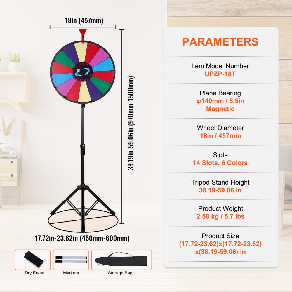 ODDTOOLS 18 inch Spinning Prize Wheel, 14 Slots Spinning Wheel with Height Adjustable Stand, Roulette Wheel with a Dry Erase, and a Storage Bag, Win Fortune Spin Games in Party Pub Trade Show Carnival