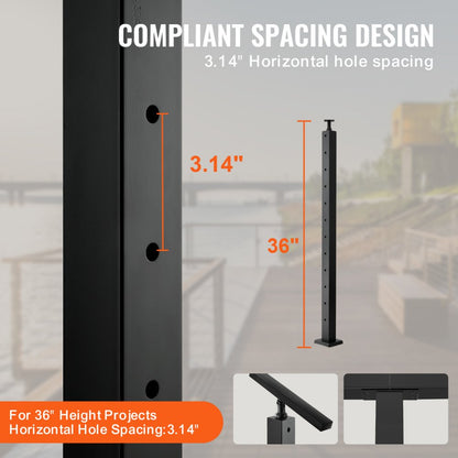 ODDTOOLS 4-Pack Cable Railing Post, 36" x 2" x 2" Steel Horizontal Hole Deck Railing Post, 10 Pre-Drilled Holes, SUS304 Stainless Steel Cable Rail Post with Horizontal and Curved Bracket, Black