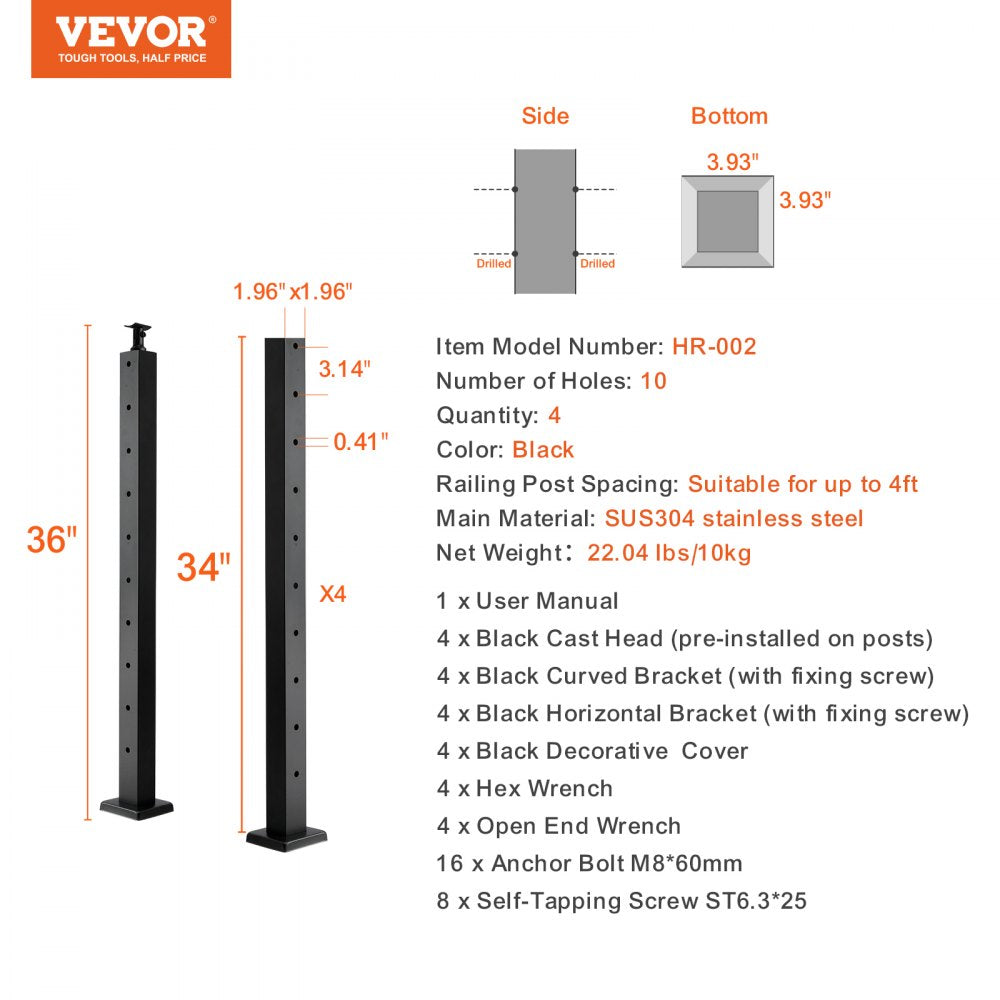 ODDTOOLS 4-Pack Cable Railing Post, 36" x 2" x 2" Steel Horizontal Hole Deck Railing Post, 10 Pre-Drilled Holes, SUS304 Stainless Steel Cable Rail Post with Horizontal and Curved Bracket, Black