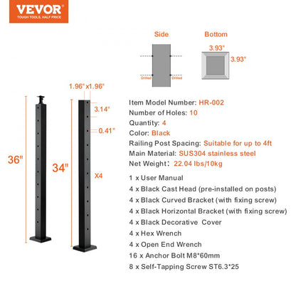 ODDTOOLS 4-Pack Cable Railing Post, 36" x 2" x 2" Steel Horizontal Hole Deck Railing Post, 10 Pre-Drilled Holes, SUS304 Stainless Steel Cable Rail Post with Horizontal and Curved Bracket, Black