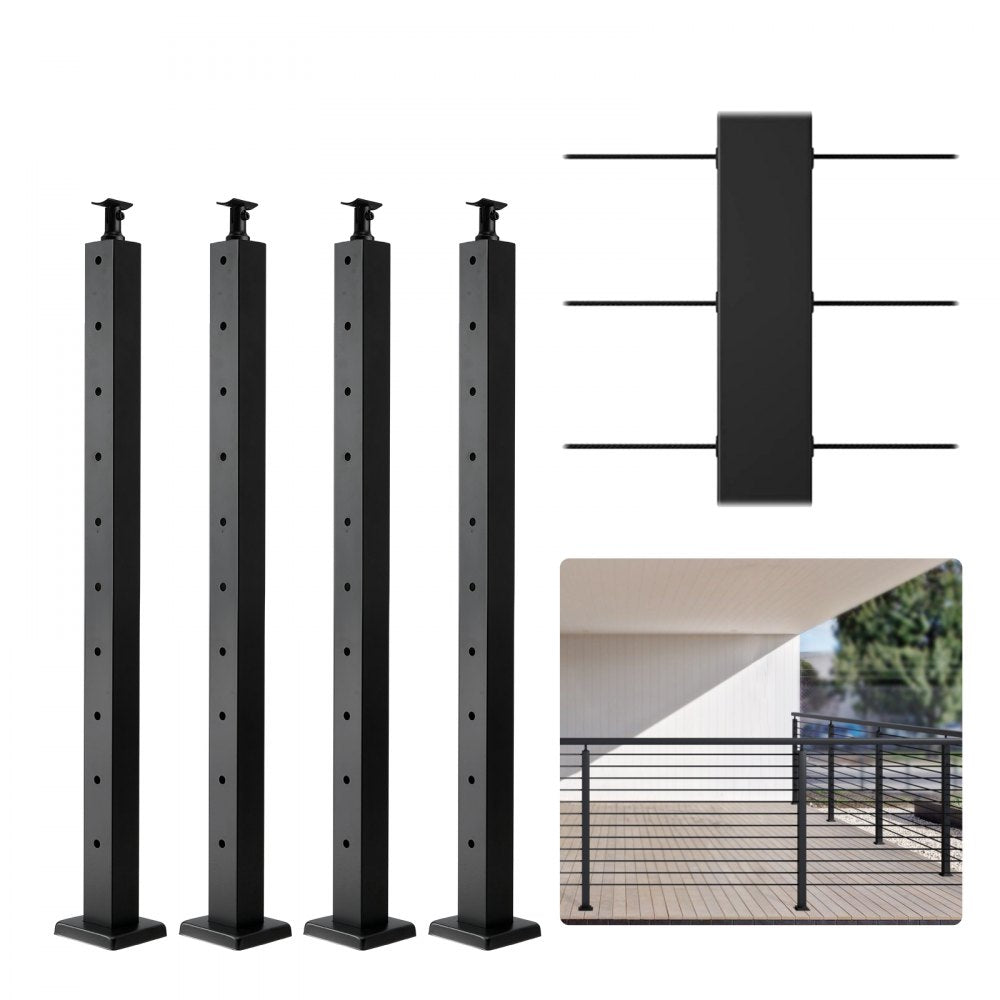 ODDTOOLS 4-Pack Cable Railing Post, 36" x 2" x 2" Steel Horizontal Hole Deck Railing Post, 10 Pre-Drilled Holes, SUS304 Stainless Steel Cable Rail Post with Horizontal and Curved Bracket, Black