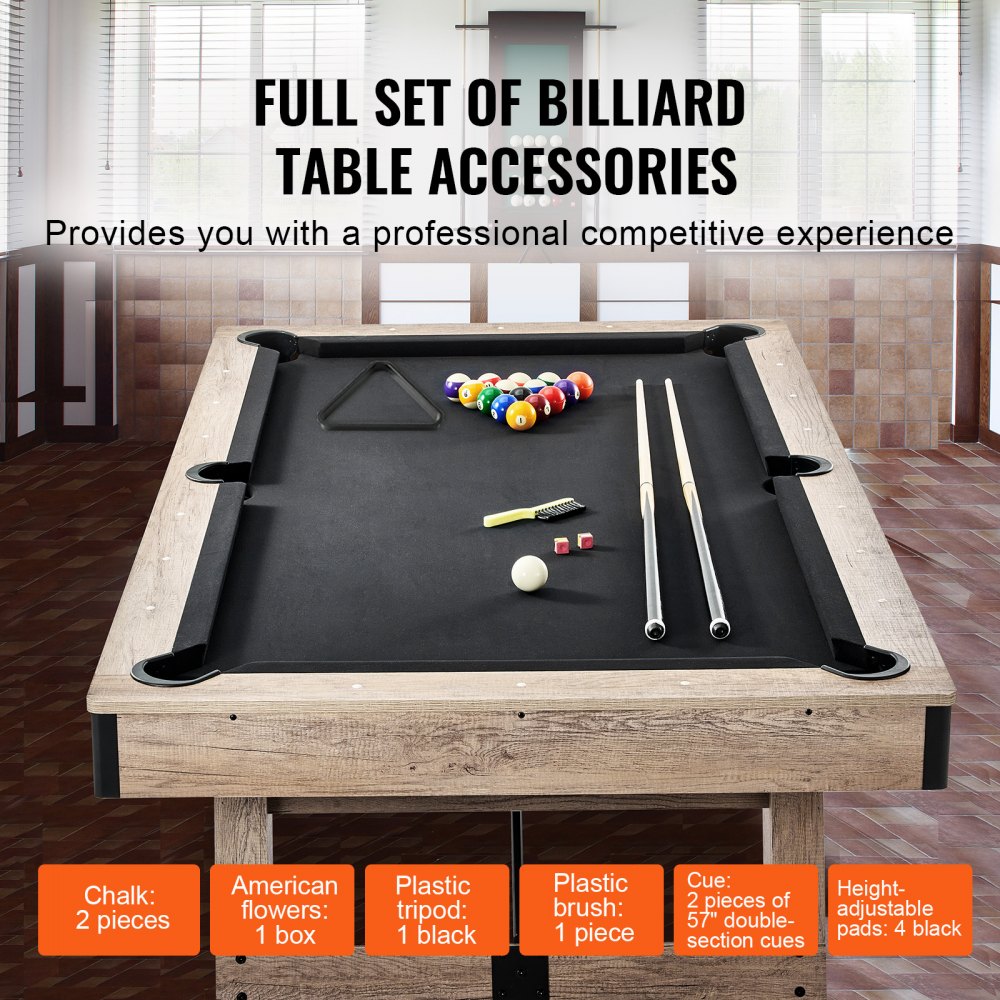 ODDTOOLS Billiards Table, 7 ft Pool Table, Adjust Legs Stable Billiards Table, Pool Table Set Includes Balls, Cues, Chalks and Brush, Wood Color with Black Cloth, Perfect for Family Game Room Kids Adults