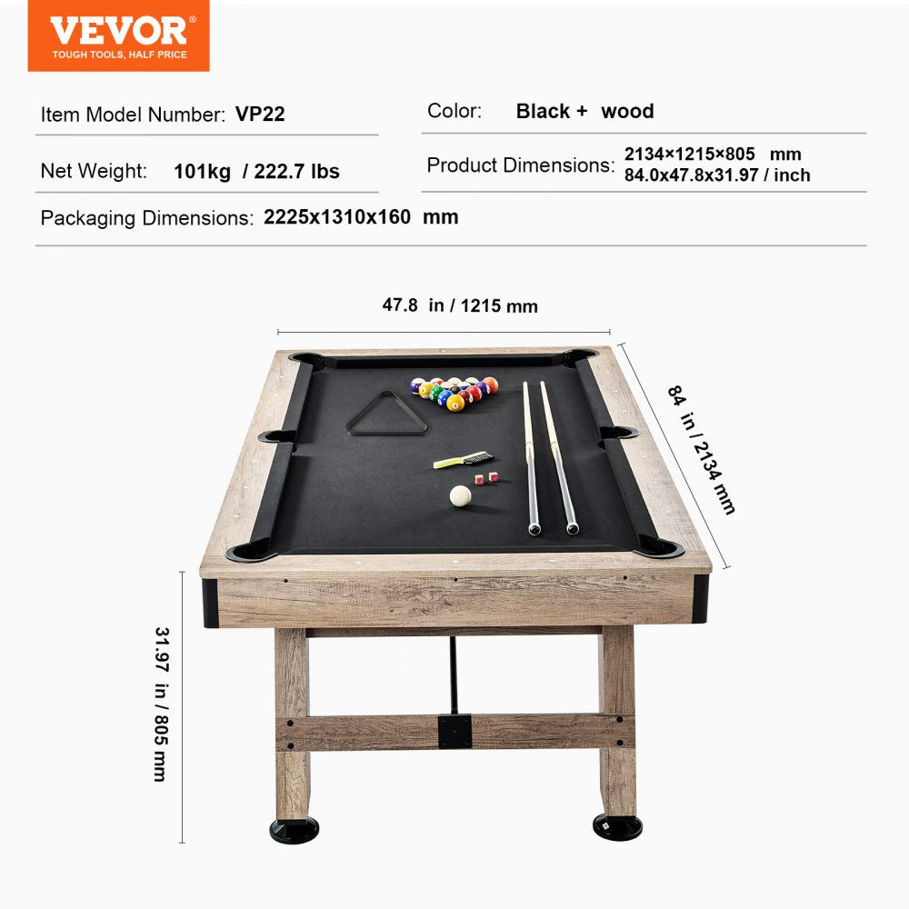 ODDTOOLS Billiards Table, 7 ft Pool Table, Adjust Legs Stable Billiards Table, Pool Table Set Includes Balls, Cues, Chalks and Brush, Wood Color with Black Cloth, Perfect for Family Game Room Kids Adults