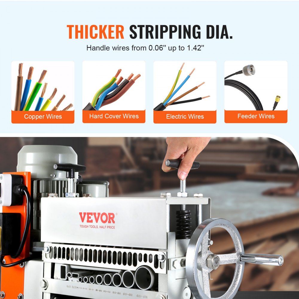 ODDTOOLS Automatic Wire Stripping Machine, 0.06''-1.42'' Electric Motorized Cable Stripper, 370 W, 88 ft/min Wire Peeler with An Extra Manual Crank, 11 Channels for Scrap Copper Recycling