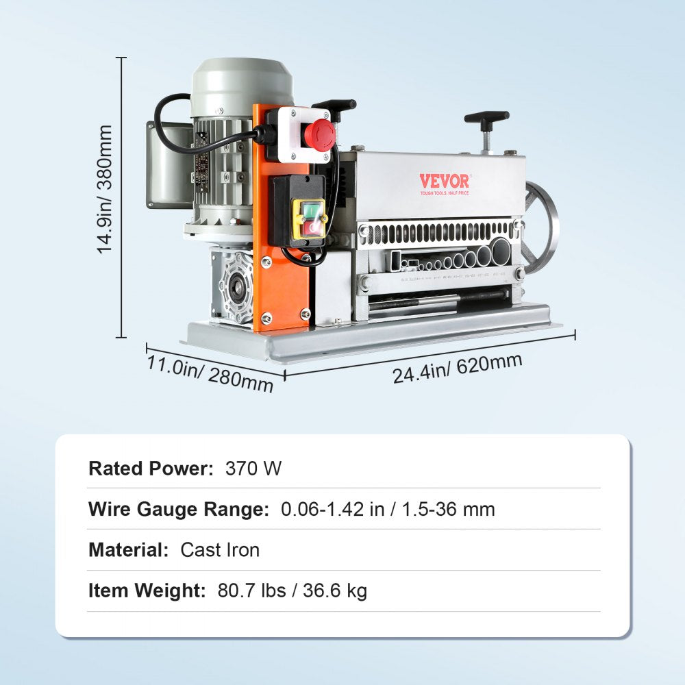 ODDTOOLS Automatic Wire Stripping Machine, 0.06''-1.42'' Electric Motorized Cable Stripper, 370 W, 88 ft/min Wire Peeler with An Extra Manual Crank, 11 Channels for Scrap Copper Recycling