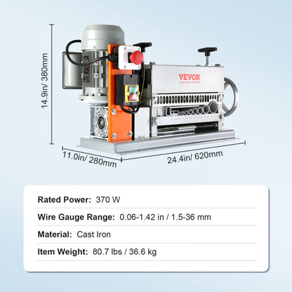 ODDTOOLS Automatic Wire Stripping Machine, 0.06''-1.42'' Electric Motorized Cable Stripper, 370 W, 88 ft/min Wire Peeler with An Extra Manual Crank, 11 Channels for Scrap Copper Recycling