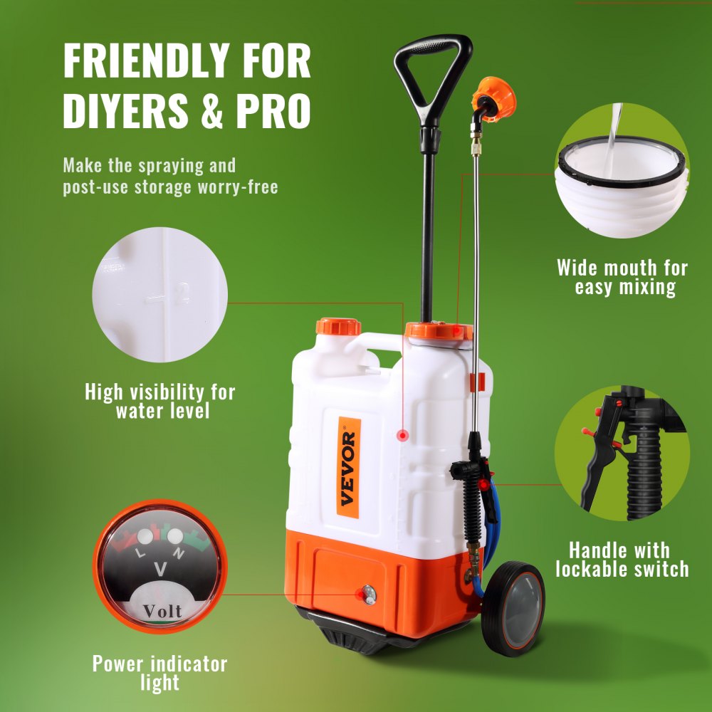 ODDTOOLS Battery Powered Backpack Sprayer with Cart, 0-94 PSI Adjustable Pressure, 4 Gallon Tank on Wheels, with 8 Nozzles and 2 Wands, 12V 7.2Ah Battery, Wide Mouth Lid for Weeding, Spraying, Cleaning