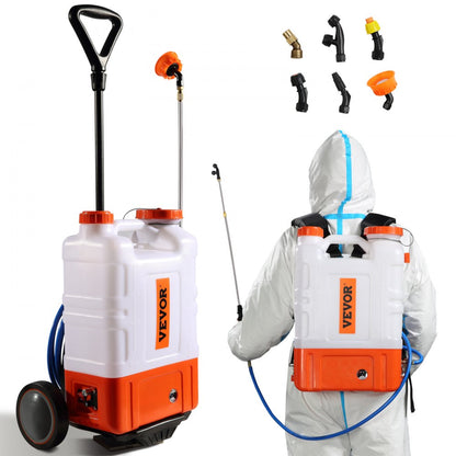 ODDTOOLS Battery Powered Backpack Sprayer with Cart, 0-94 PSI Adjustable Pressure, 4 Gallon Tank on Wheels, with 8 Nozzles and 2 Wands, 12V 7.2Ah Battery, Wide Mouth Lid for Weeding, Spraying, Cleaning