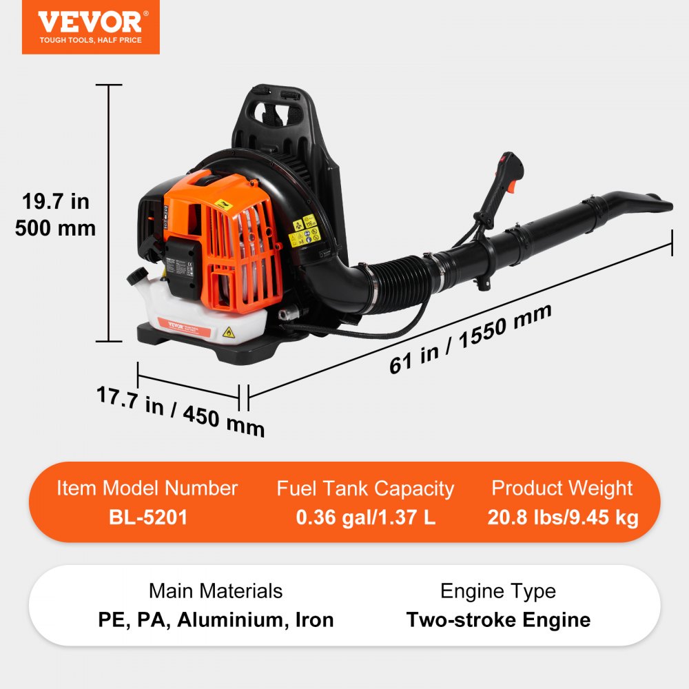 ODDTOOLS Backpack Leaf Blower, 52CC 2-Cycle Leaf Blower with 1.37L Fuel Tank, 480CFM Air Volume 175MPH Speed, Ideal for Lawn Care, Leaf Cleaning, and Snow Removal