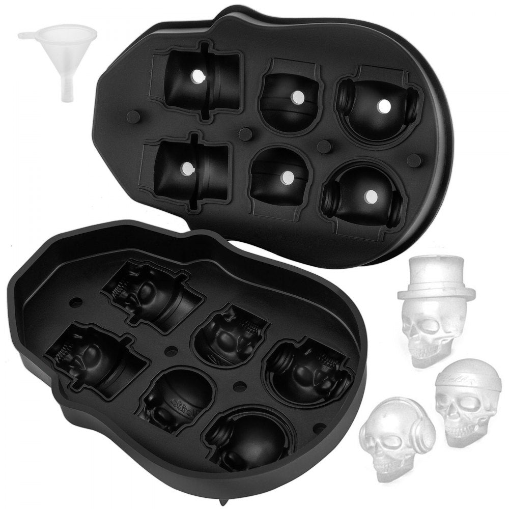 ODDTOOLS Skull Ice Cube Tray, 6-Grid Skull Ice Ball Maker, Flexible Black Silicone Ice Tray with Lid & Funnel, Skull Ice Cubes in 3 Distinct Patterns for Beverages & Chocolates on Parties & Holidays