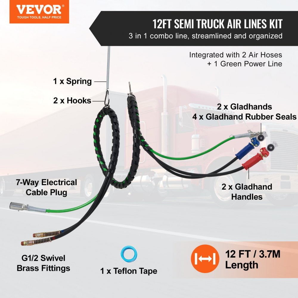 ODDTOOLS 15FT Semi Truck Air Lines Kit with 2PCS Glad Hands, 3-in-1 Air Hoses & 7 Way ABS Electric Power Line, with 2PCS Gladhand Handles, 4PCS Seals and Tender Spring Kit for Semi Truck Trailer Tractor