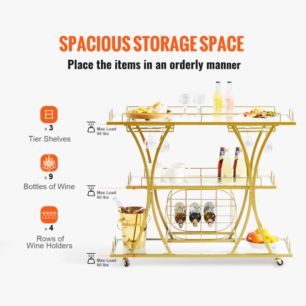 ODDTOOLS 3 Tiers Gold Metal Bar Serving Cart with Wine Rack Glass Holder 180 LBS