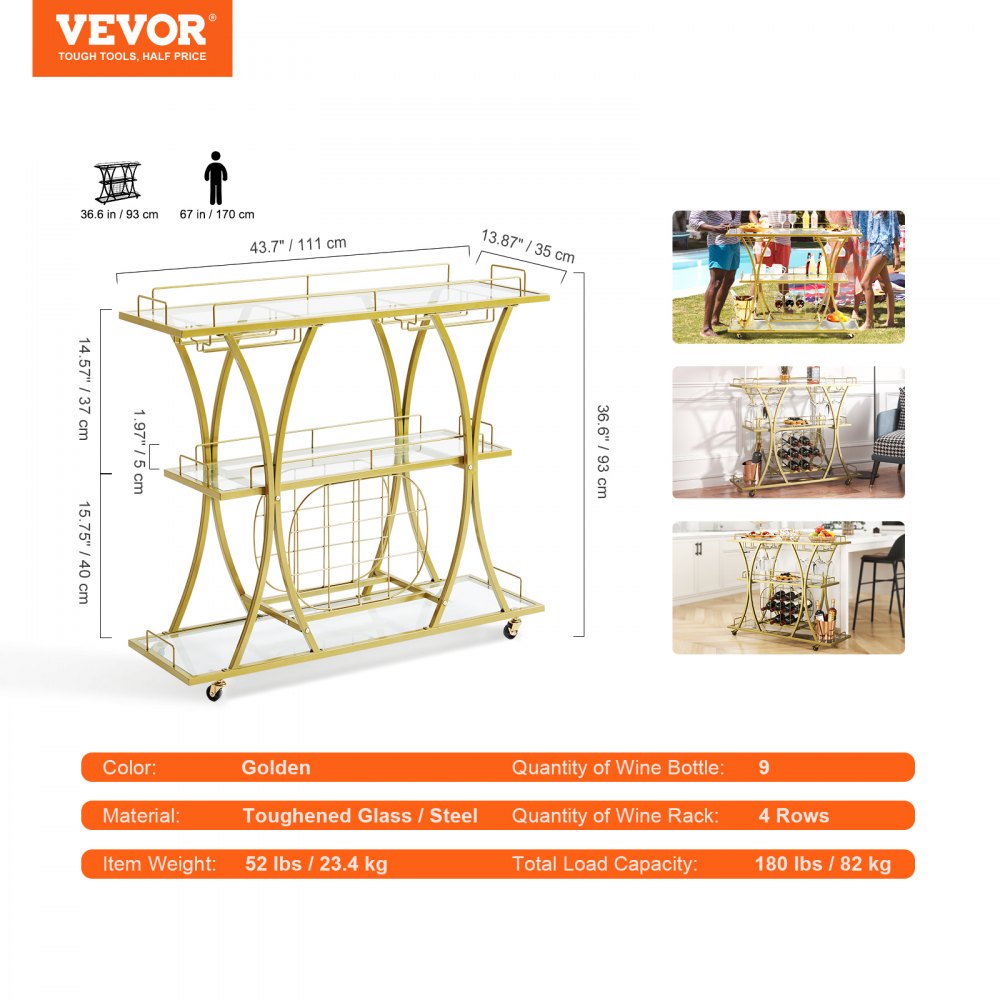 ODDTOOLS 3 Tiers Gold Metal Bar Serving Cart with Wine Rack Glass Holder 180 LBS