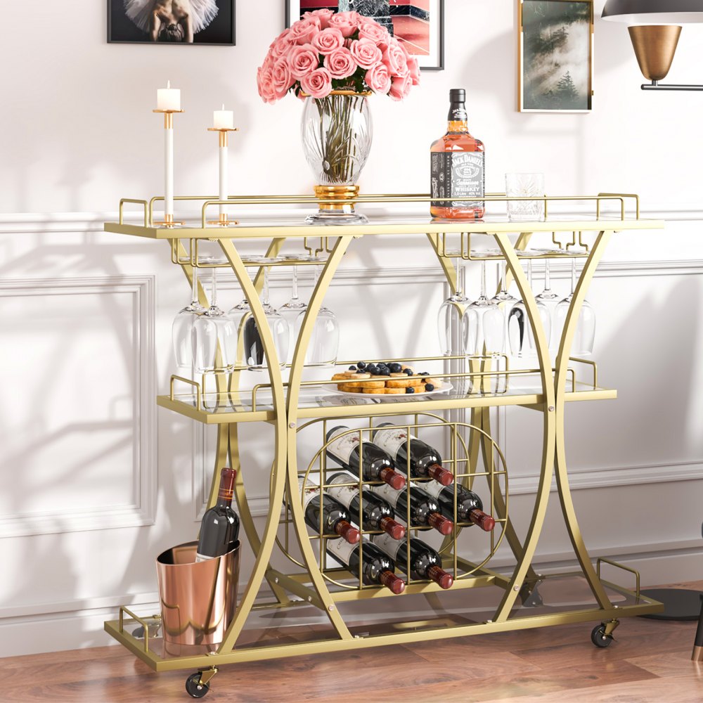 ODDTOOLS 3 Tiers Gold Metal Bar Serving Cart with Wine Rack Glass Holder 180 LBS