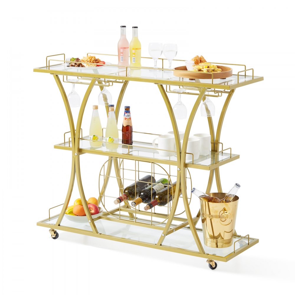 ODDTOOLS 3 Tiers Gold Metal Bar Serving Cart with Wine Rack Glass Holder 180 LBS