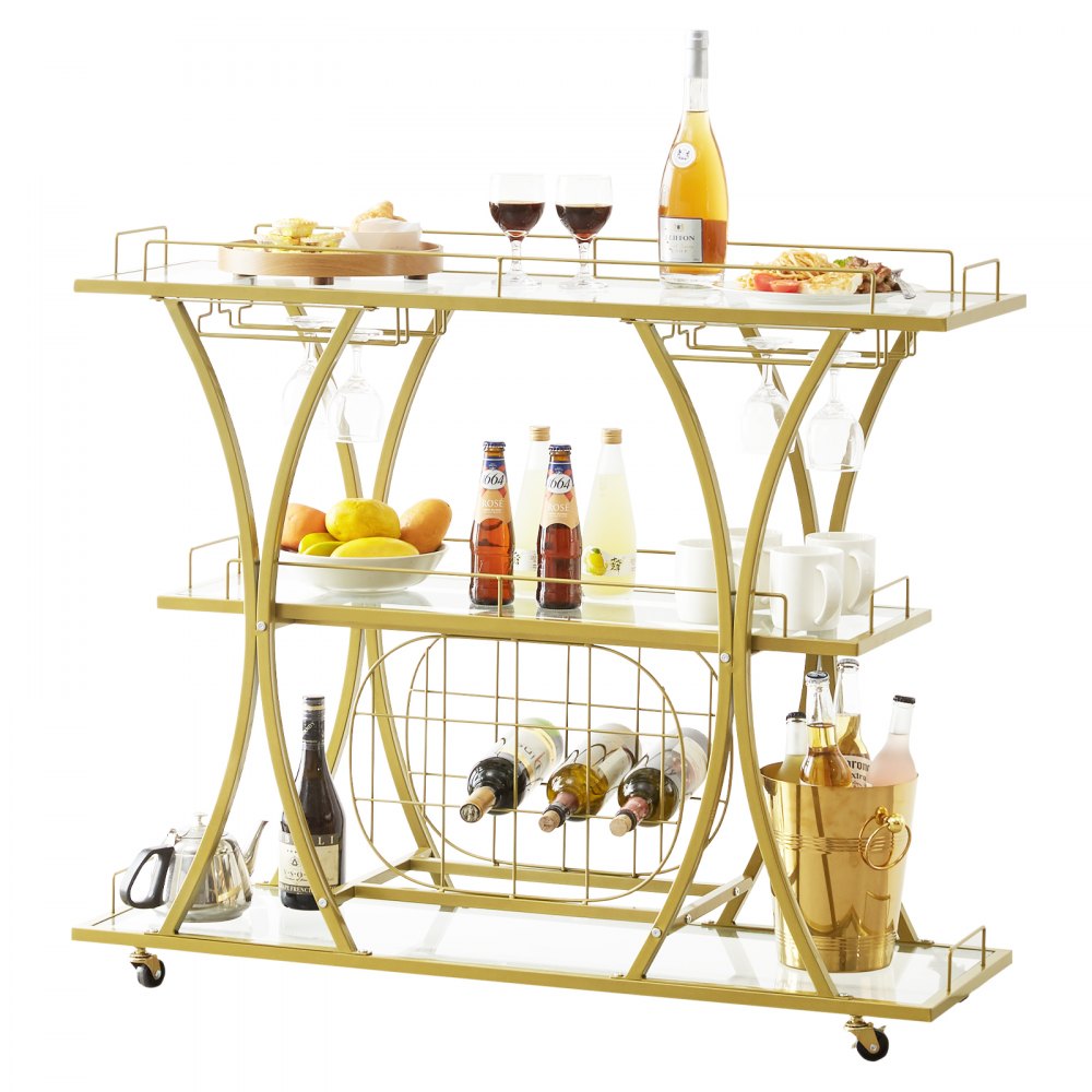 ODDTOOLS 3 Tiers Gold Metal Bar Serving Cart with Wine Rack Glass Holder 180 LBS