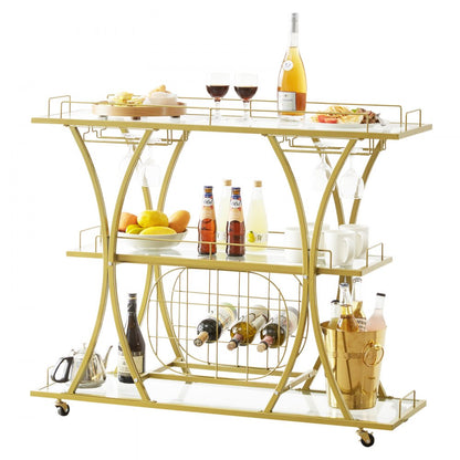 ODDTOOLS 3 Tiers Gold Metal Bar Serving Cart with Wine Rack Glass Holder 180 LBS