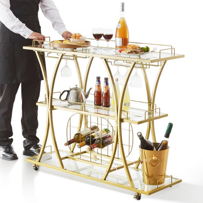 ODDTOOLS 3 Tiers Gold Metal Bar Serving Cart with Wine Rack Glass Holder 180 LBS