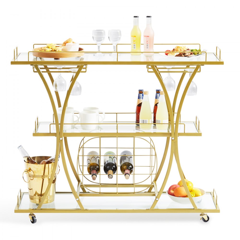 ODDTOOLS 3 Tiers Gold Metal Bar Serving Cart with Wine Rack Glass Holder 180 LBS