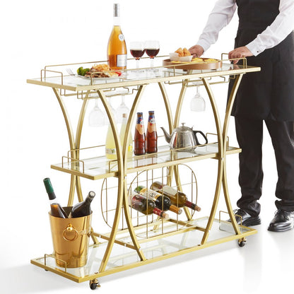 ODDTOOLS 3 Tiers Gold Metal Bar Serving Cart with Wine Rack Glass Holder 180 LBS