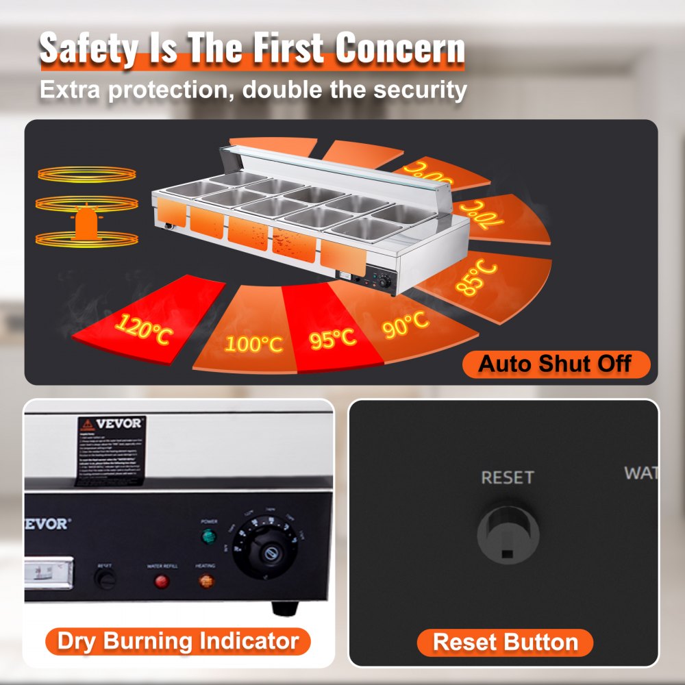 ODDTOOLS 10-Pan Commercial Food Warmer, 10 x 12QT Electric Steam Table with Tempered Glass Cover, 1800W Countertop Stainless Steel Buffet Bain Marie 86-185°F Temp Control for Catering, Restaurant, Silver