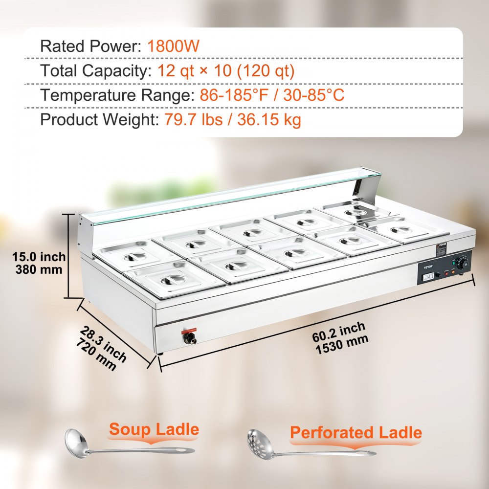 ODDTOOLS 10-Pan Commercial Food Warmer, 10 x 12QT Electric Steam Table with Tempered Glass Cover, 1800W Countertop Stainless Steel Buffet Bain Marie 86-185°F Temp Control for Catering, Restaurant, Silver