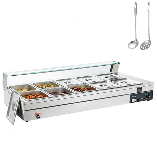 ODDTOOLS 10-Pan Commercial Food Warmer, 10 x 12QT Electric Steam Table with Tempered Glass Cover, 1800W Countertop Stainless Steel Buffet Bain Marie 86-185°F Temp Control for Catering, Restaurant, Silver