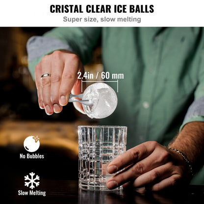 ODDTOOLS Ice Ball Maker, Crystal Clear Ice Ball Maker 2.36inch Ice Sphere Maker with Storage Bag and Ice Clamp, Round Clear Ice Cube 2-Cavity Ice Press Maker for Whiskey Scotch Cocktail Brandy