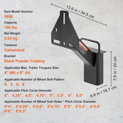 ODDTOOLS Spare Tire Carrier, Trailer Spare Tire Mount, 160 lbs Capacity, Utility Trailer Accessories Fits Most 4 & 5 & 6 & 8 Lugs Wheels on 4", 4.25", 4.5", 4.75", 5", 5.5", 6", 6.5" Bolt Patterns