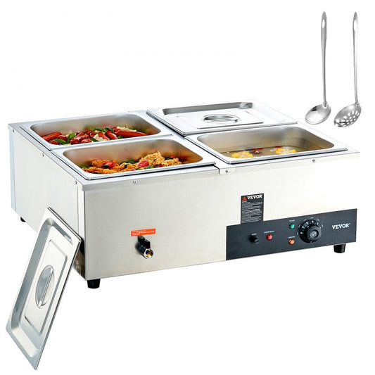 ODDTOOLS 4-Pan Commercial Food Warmer, 4 x 12QT Electric Steam Table, 1200W Professional Countertop Stainless Steel Buffet Bain Marie with 86-185°F Temp Control for Catering and Restaurants, Silver