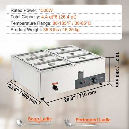 ODDTOOLS 6-Pan Commercial Food Warmer, 6 x 8QT Electric Steam Table, 1200W Professional Countertop Stainless Steel Buffet Bain Marie with 86-185°F Temp Control for Catering and Restaurants, Silver