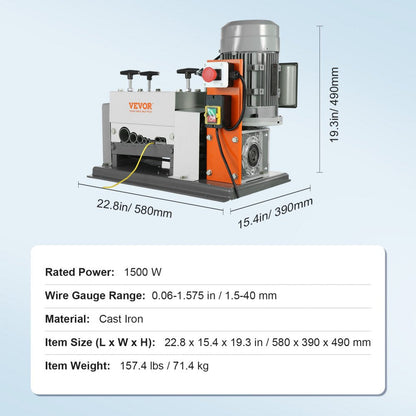 ODDTOOLS Automatic Wire Stripping Machine, 0.06''-1.57'' Electric Motorized Cable Stripper, 1500 W, 88 ft/min Wire Peeler with Double Blades (Cut/Peel), 9 Channels for Scrap Copper Recycling