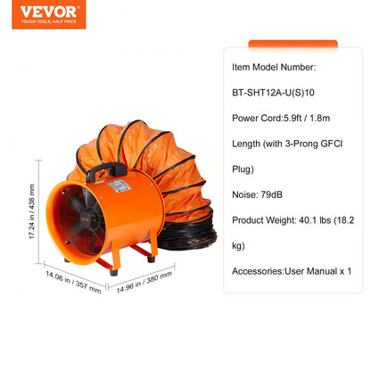 ODDTOOLS Portable Ventilator, 12 inch Heavy Duty Cylinder Fan with 33ft Duct Hose, 585W Strong Shop Exhaust Blower 3198CFM, Industrial Utility Blower for Sucking Dust, Smoke, Smoke Home/Workplace