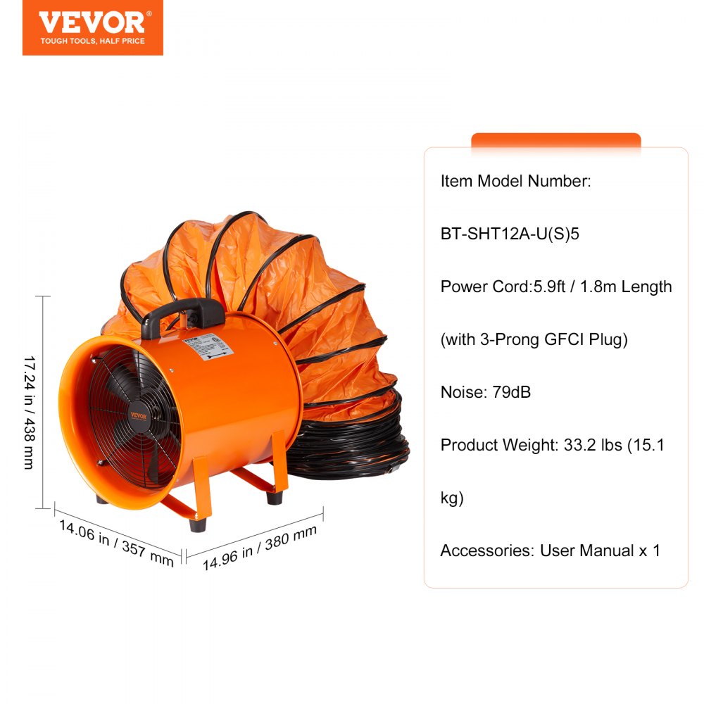 ODDTOOLS Portable Ventilator, 12 inch Heavy Duty Cylinder Fan with 16.4ft Duct Hose, 585W Strong Shop Exhaust Blower 3198CFM, Industrial Utility Blower for Sucking Dust, Smoke, Smoke Home/Workplace