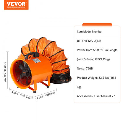 ODDTOOLS Portable Ventilator, 12 inch Heavy Duty Cylinder Fan with 16.4ft Duct Hose, 585W Strong Shop Exhaust Blower 3198CFM, Industrial Utility Blower for Sucking Dust, Smoke, Smoke Home/Workplace