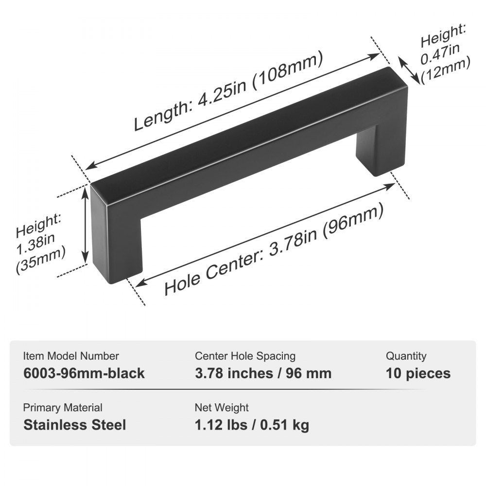 ODDTOOLS 10 Pack Cabinet Pulls, 3.86in / 96mm Center to Center Slim Square Kitchen Cabinet Drawer, Stainless Steel Modern Kitchen Cupboard Door Handles for Kitchen Bathroom Bar Hardware Matte Black