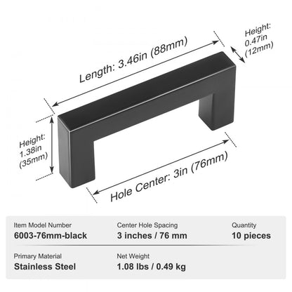 ODDTOOLS 10 Pack Cabinet Pulls, 3in / 76mm Center to Center Slim Square Kitchen Cabinet Drawer, Stainless Steel Modern Kitchen Cupboard Door Handles for Kitchen Bathroom Bar Hardware Matte Black