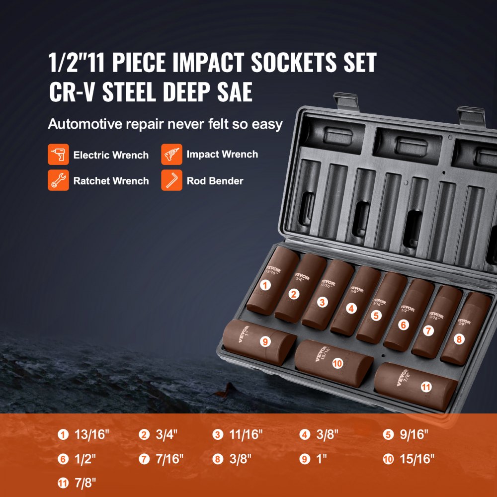 ODDTOOLS 1/2" Drive Impact Socket Set, 11 Piece Deep Socket Set SAE 3/8"-1", 6 Point CR-V Alloy Steel for Auto Repair, Easy-to-Read Size Markings, Rugged Construction, Includes Storage Case