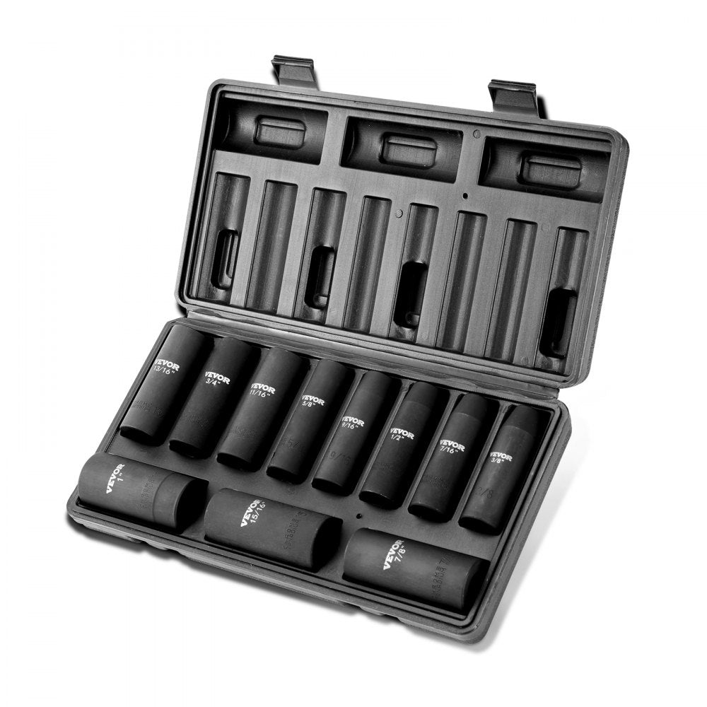 ODDTOOLS 1/2" Drive Impact Socket Set, 11 Piece Deep Socket Set SAE 3/8"-1", 6 Point CR-V Alloy Steel for Auto Repair, Easy-to-Read Size Markings, Rugged Construction, Includes Storage Case