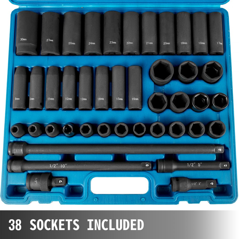 ODDTOOLS Impact Socket Set 1/2 Inches 43 Piece Impact Sockets, Standard Socket Assortment, 1/2 Inches Drive Socket Set 6-Point Sockets Metric 9-30mm (Standard/Deep)