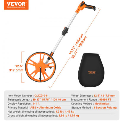 ODDTOOLS Measuring Wheel in Feet, 12.5 in Wheel Diameter, 39.37-15.75 in Telescoping Measure Wheel, Measurement 0-9,999Ft with Back Bag, Suitable for Lawn/Hard/Soft/Wood Road Measuring