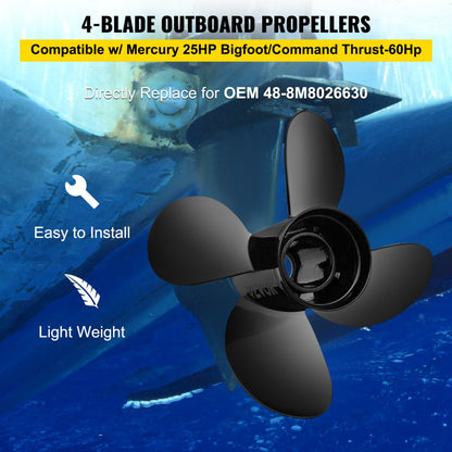 ODDTOOLS Outboard Propeller, Replace for OEM 48-8M8026630, 4-Blade 10.3\" x 13\" Aluminum Boat Propeller, Compatible with Mercury Mariner 25HP Bigfoot/Command Thrust 60Hp Outboard, 13 Tooth Splines, RH