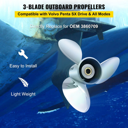 ODDTOOLS Outboard Propeller, Replace for OEM 3860709, 3-Blade 14.5" x 21" Pitch Steel Boat Propeller, Compatible with Volvo Penta SX Drive All Models, w/ 19 Tooth Splines, RH