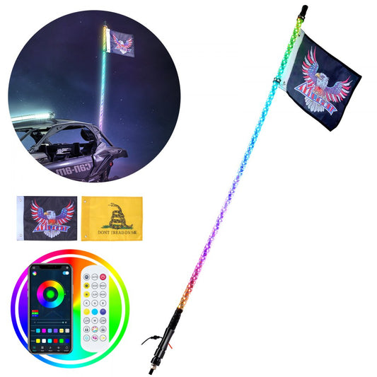 ODDTOOLS 1 PC 3 FT Whip Light, APP & RF Remote Control Led Whip Light, Waterproof 360° Spiral RGB Chasing Lighted Whips with 2 Flags, for UTVs, ATVs, Motorcycles, RZR, Can-am, Trucks, Off-road, Go-karts