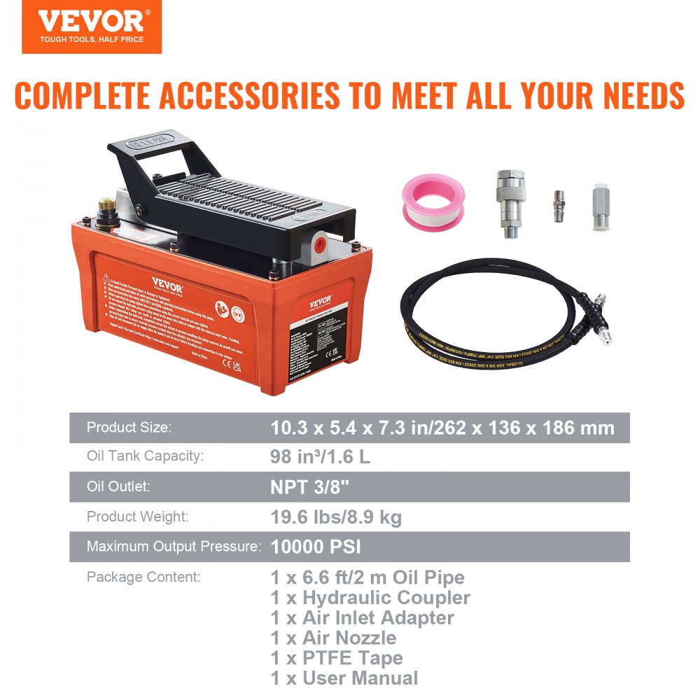 ODDTOOLS Air Hydraulic Pump, 10,000 PSI 1/2 Gal Reservoir, NPT 3/8" Oil Outlet, NPT 1/4" Inlet, 6.6 ft Pipe, Foot Actuated Hydraulic Pump Air Treadle for Auto Body Frame Machines and Pulling Post, Orange