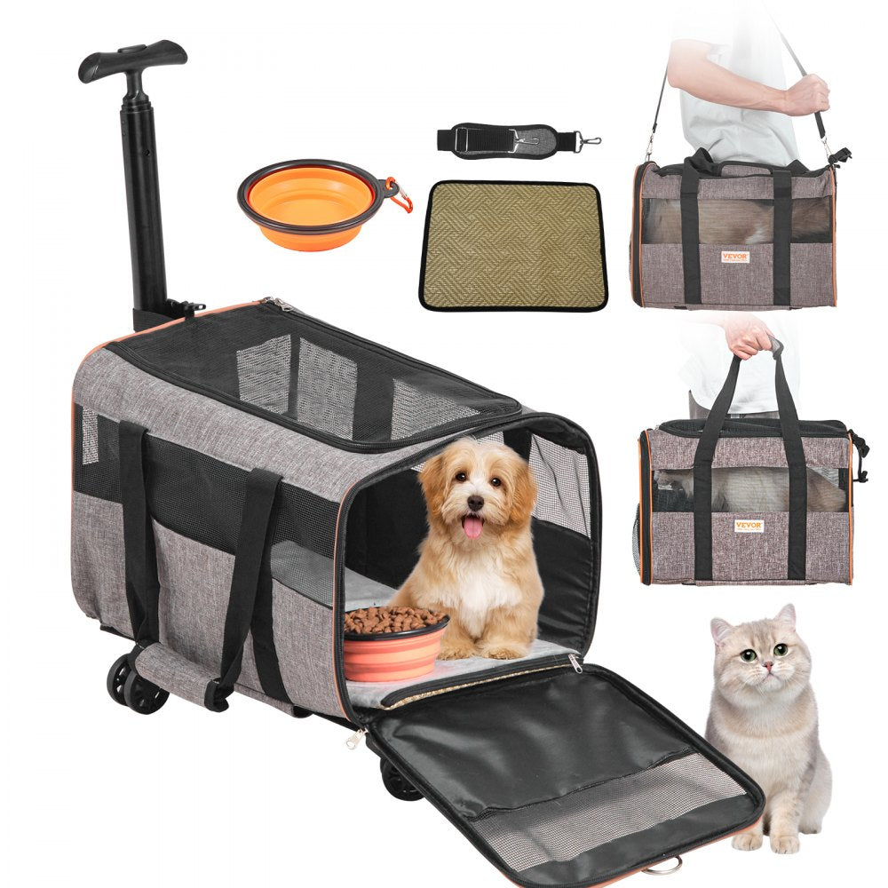 ODDTOOLS Cat Carrier with Wheels, Airline Approved Rolling Pet Carrier with Telescopic Handle and Shoulder Strap, Dog Carrier with Wheels for Pets under 22 lbs, with 1 Folding Bowl, Grey