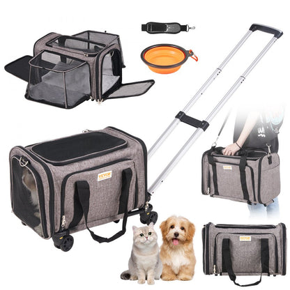 ODDTOOLS Cat Carrier with Wheels, Airline Approved Rolling Pet Carrier with Telescopic Handle and Shoulder Strap, Dog Carrier with Wheels for Pets under 25 lbs, with 1 Folding Bowl, Grey