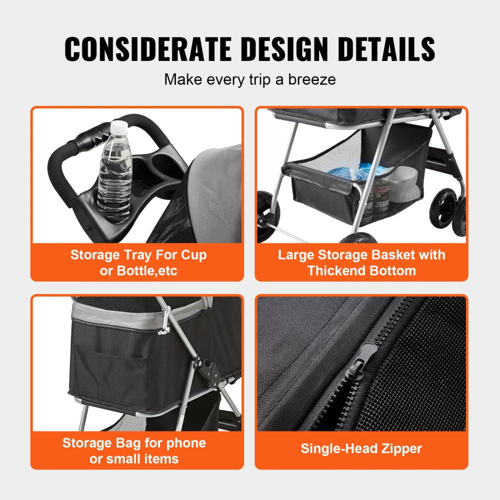 ODDTOOLS Pet Stroller, 4 Wheels Dog Stroller Rotate with Brakes, 35lbs Weight Capacity, Puppy Stroller with Detachable Carrier, Storage Basket and Cup Holder, for Dogs and Cats Travel, Black+Dark Grey