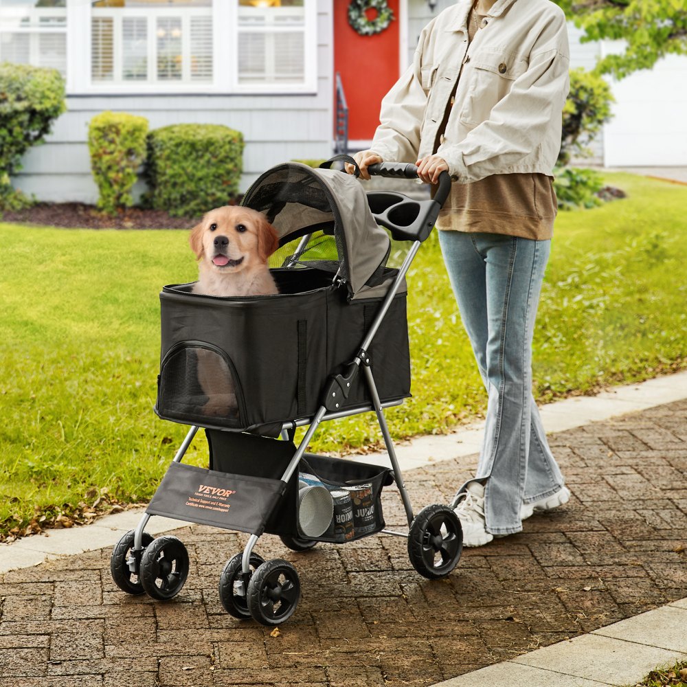 ODDTOOLS Pet Stroller, 4 Wheels Dog Stroller Rotate with Brakes, 35lbs Weight Capacity, Puppy Stroller with Detachable Carrier, Storage Basket and Cup Holder, for Dogs and Cats Travel, Black+Dark Grey