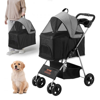 ODDTOOLS Pet Stroller, 4 Wheels Dog Stroller Rotate with Brakes, 35lbs Weight Capacity, Puppy Stroller with Detachable Carrier, Storage Basket and Cup Holder, for Dogs and Cats Travel, Black+Dark Grey